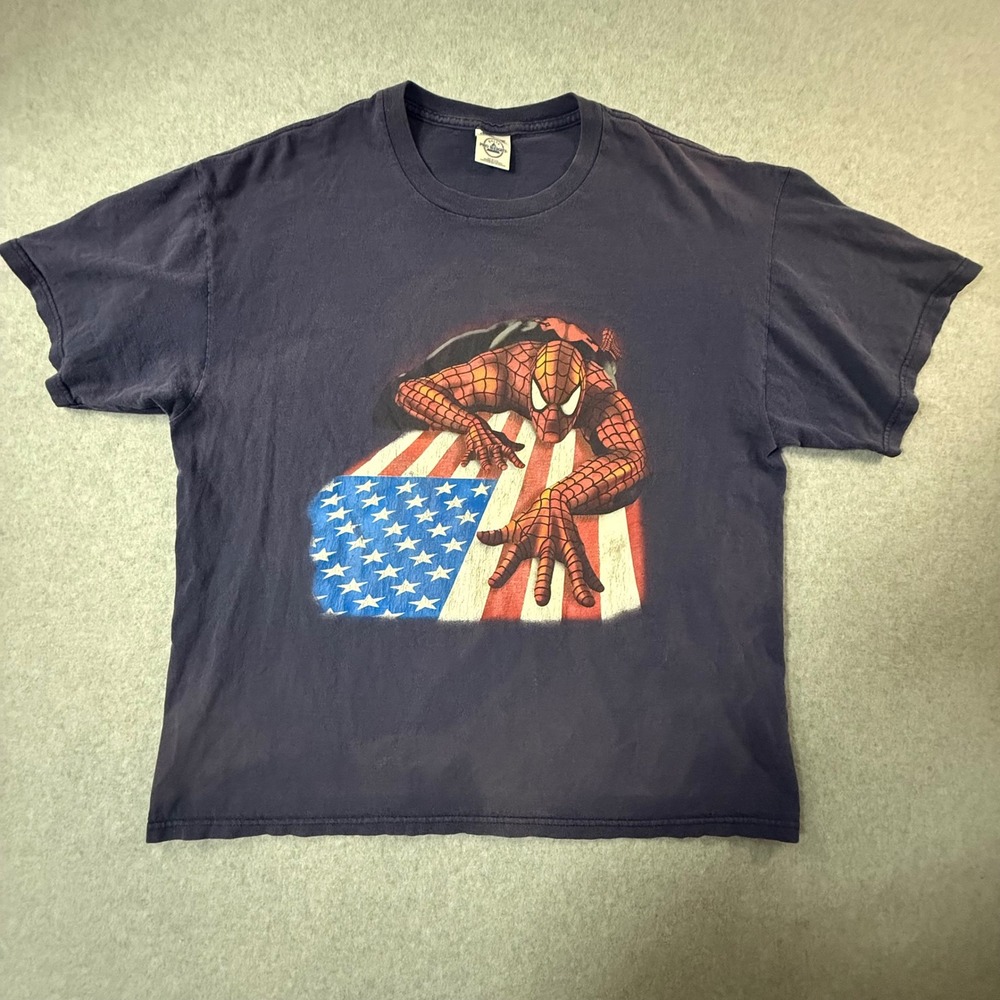 Vintage Marvel Spider-Man American Flag Graphic T-Shirt Delta Pro Weight Navy XL